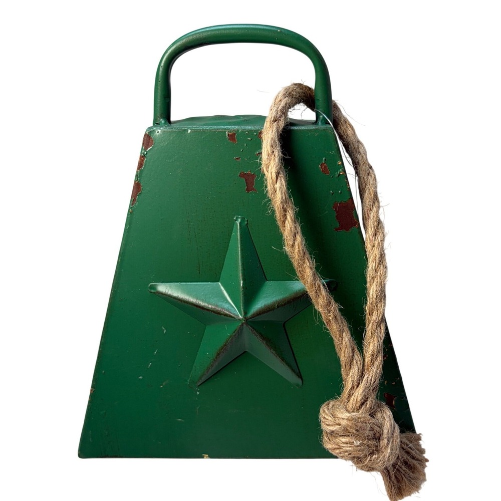 Christmas Rustic Green Metal Cowbell with Texas Star Embossed Farmhouse Decor